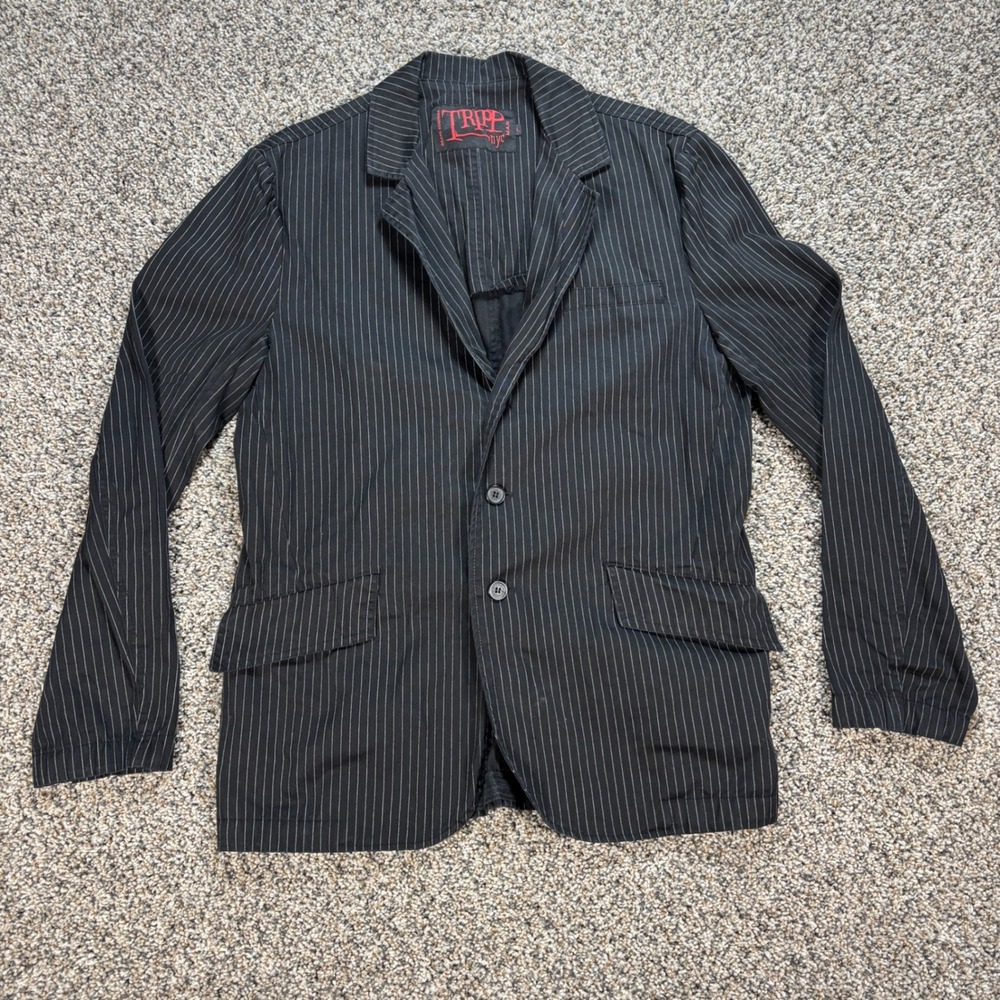 Tripp NYC Men's Large Blazer Jacket Man Black Pinstripe Gothic Punk Cotton